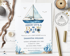 Chic Nautical Boat Ahoy It's a Boy Baby Shower Invitation Editable Template - Digital Printable File - Instant Download - NT2