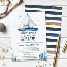 Load image into Gallery viewer, Chic Nautical Boat Ahoy It&#39;s a Boy Baby Shower by Mail Invitation Editable Template - Digital Printable File - Instant Download - NT2