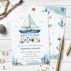 Chic Nautical Boat Ahoy It's Twin Boys Baby Shower Invitation Editable Template - Digital Printable File - Instant Download - NT2