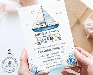 Chic Nautical Boat Ahoy It's Twin Boys Baby Shower Invitation Editable Template - Digital Printable File - Instant Download - NT2