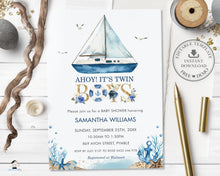 Load image into Gallery viewer, Chic Nautical Boat Ahoy It&#39;s Twin Boys Baby Shower Invitation Editable Template - Digital Printable File - Instant Download - NT2