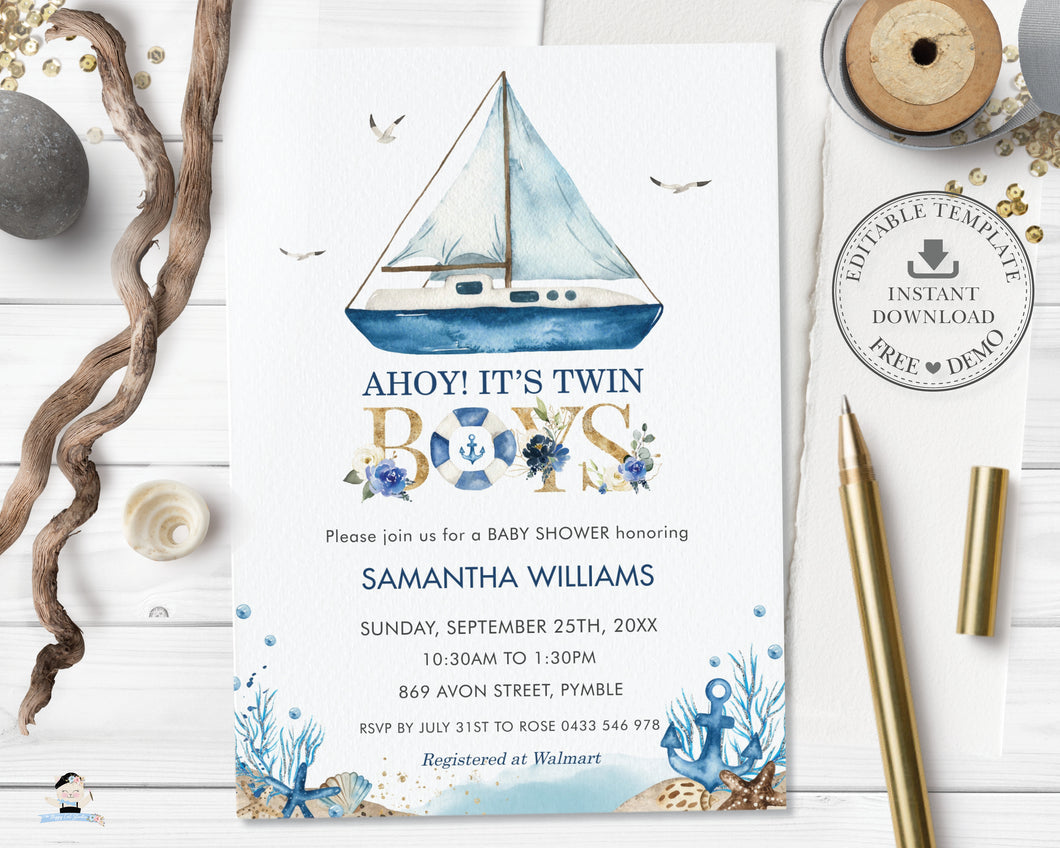 Chic Nautical Boat Ahoy It's Twin Boys Baby Shower Invitation Editable Template - Digital Printable File - Instant Download - NT2