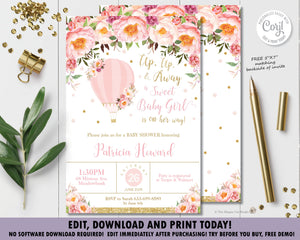 Blush Pink Floral Hot Air Balloon Baby Girl Shower Invitation - Instant EDITABLE TEMPLATE - HB3