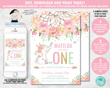 Load image into Gallery viewer, Elephant Boho Pink Floral Dream Catcher 1st Birthday Invitation Editable Template - Digital Printable File - Instant Download - BF2