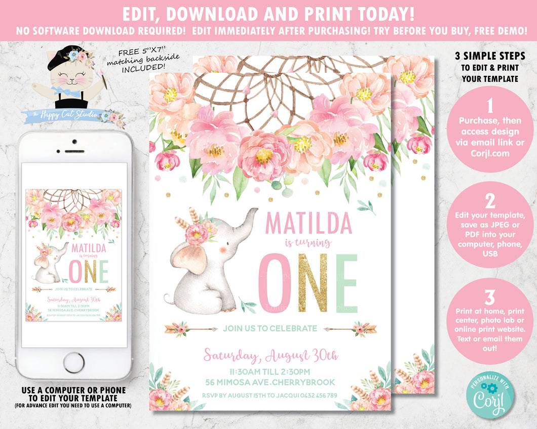 Elephant Boho Pink Floral Dream Catcher 1st Birthday Invitation Editable Template - Digital Printable File - Instant Download - BF2
