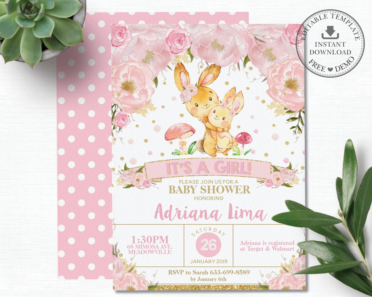 Pink Floral Bunny Rabbit Baby Shower Girl Invitation Editable Template ...