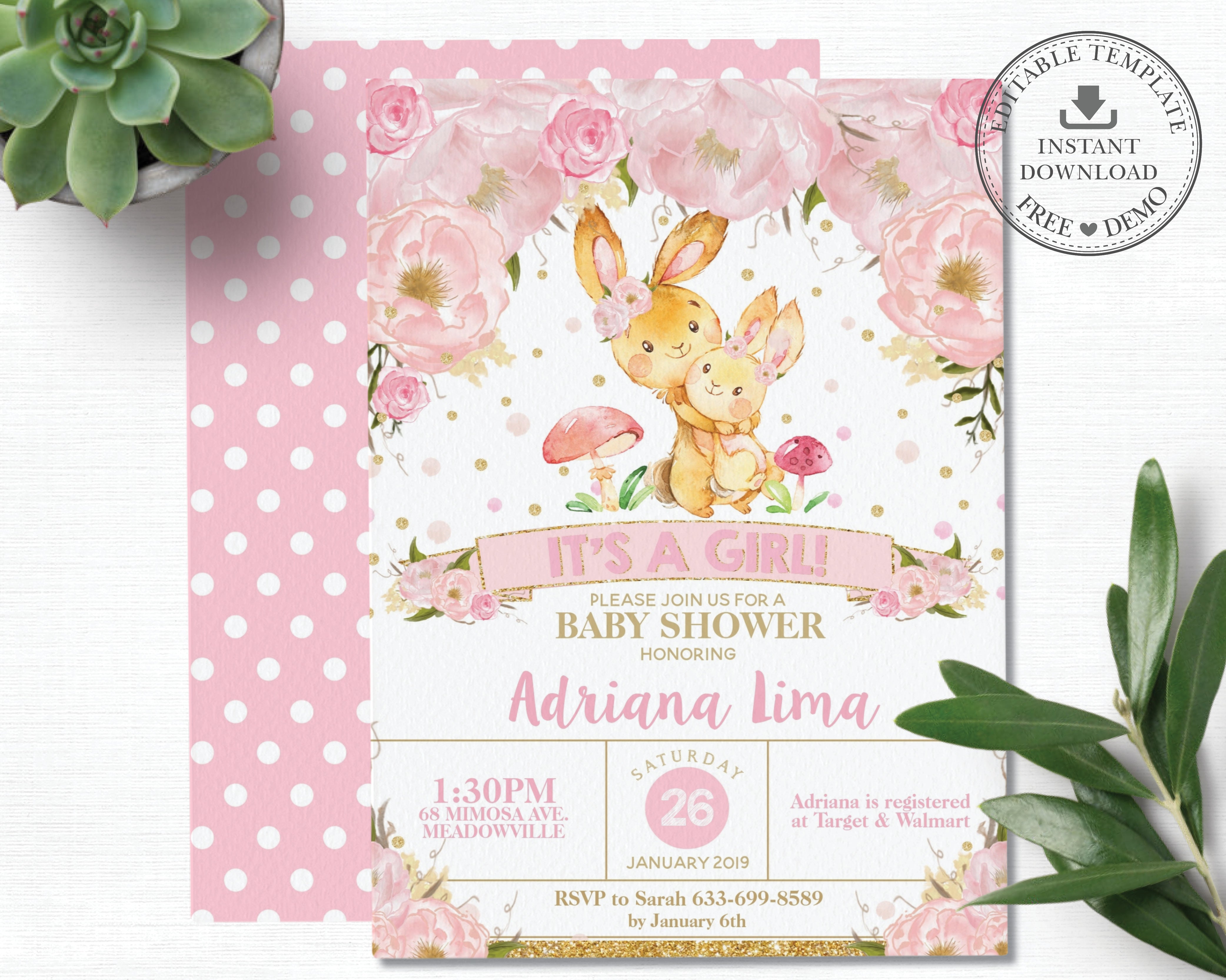 Pink Floral Bunny Rabbit Baby Shower Girl Invitation Editable Template -  Instant Dowload - Digital Printable File - BR1