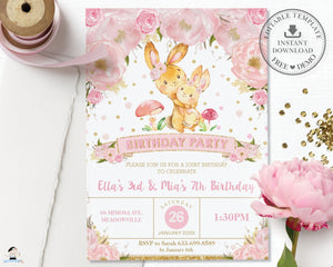 Pink Floral Bunny Rabbit Joint Sisters Birthday Party Invitation Editable Template - Instant Dowload - Digital Printable File - BR1