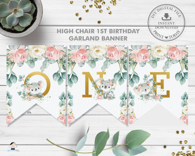 Koala Pink Floral Eucalyptus Greenery 1st Birthday ONE High Chair Banner Decor Digital Printable File - Instant Download - AU2