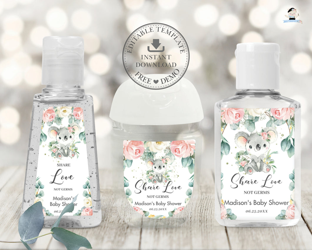 Pink Floral Greenery Cute Koala Baby Shower Birthday Favor Hand Sanitizer Lotion Labels Stickers Editable Template - Digital Printable File - Instant Download - AU2