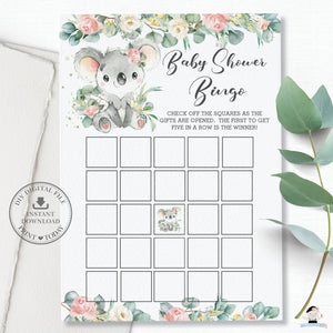 Cute Koala Pink Floral Eucalyptus Greenery Baby Shower Bingo Game Blank and Pre-Filled - Instant Download Files - Digital Printable - AU2