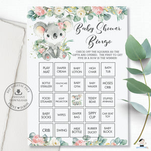 Cute Koala Pink Floral Eucalyptus Greenery Baby Shower Bingo Game Blank and Pre-Filled - Instant Download Files - Digital Printable - AU2