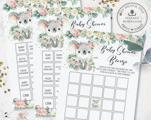 Load image into Gallery viewer, Cute Koala Pink Floral Eucalyptus Greenery Baby Shower Bingo Game Blank and Pre-Filled - Instant Download Files - Digital Printable - AU2