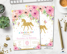 Load image into Gallery viewer, Spring Floral Unicorn and Fairy Birthday Invitation - Instant EDITABLE TEMPLATE - FU1