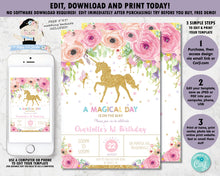 Load image into Gallery viewer, Spring Floral Unicorn and Fairy Birthday Invitation - Instant EDITABLE TEMPLATE - FU1