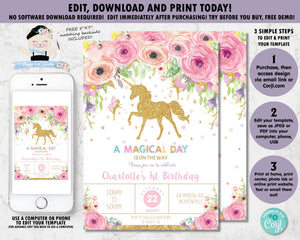 Spring Floral Unicorn and Fairy Birthday Invitation - Instant EDITABLE TEMPLATE - FU1