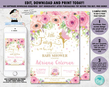 Load image into Gallery viewer, Spring Floral Fairy Baby Shower Invitation - Instant EDITABLE TEMPLATE - FF3