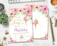 Load image into Gallery viewer, pink floral fairy birthday personalized invitation instant editable template digital printable file
