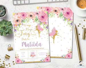 pink floral fairy birthday personalized invitation instant editable template digital printable file