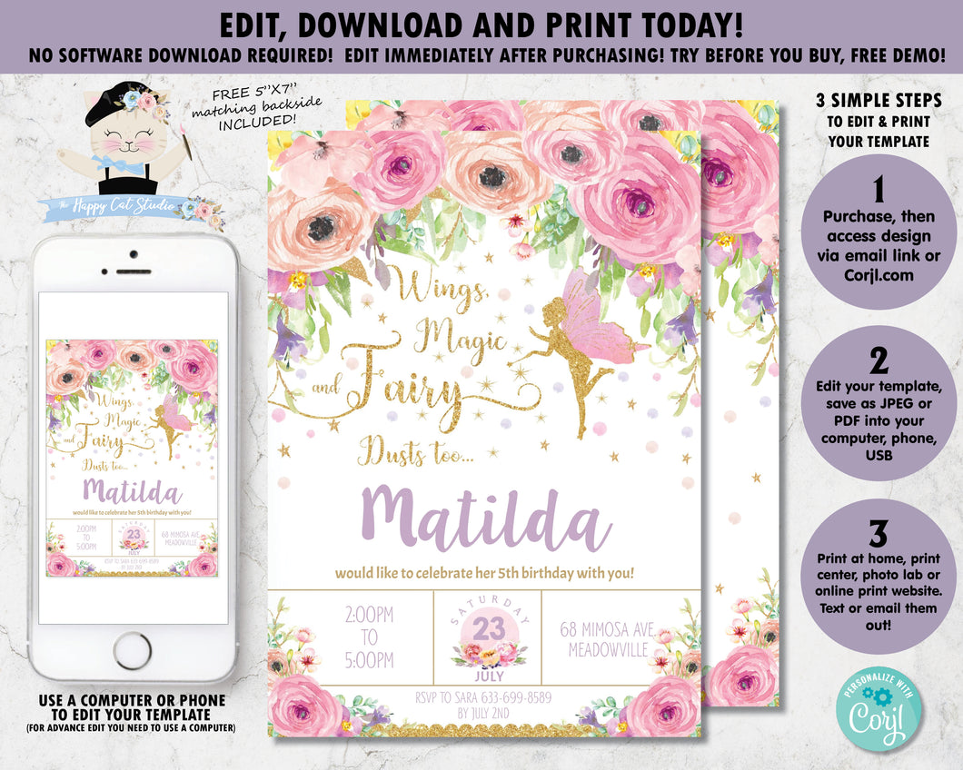 Pink watercolor floral gold glitter fairy with pink wings birthday party editable invitation template printable file