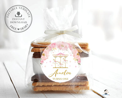 Carousel Pink Floral 6cm Round Labels EDITABLE TEMPLATE - Instant Download - Digital Printable File - CR3