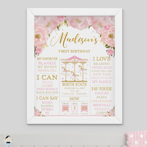 Chic Pink Floral Carousel 1st Birthday Milestone Sign Birth Stats Editable Template - Instant Download - Digital Printable File - CR3