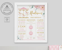 Load image into Gallery viewer, Blush Floral Carousel 1st Birthday Milestone Sign Birth Stats Editable Template - Instant Download - Digital Printable File - CR3