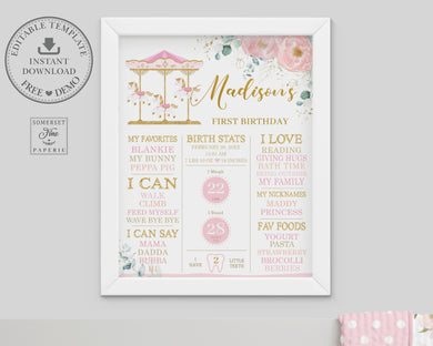 Blush Floral Carousel 1st Birthday Milestone Sign Birth Stats Editable Template - Instant Download - Digital Printable File - CR3