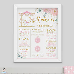 Blush Floral Carousel 1st Birthday Milestone Sign Birth Stats Editable Template - Instant Download - Digital Printable File - CR3