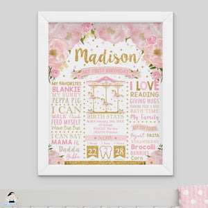 Pink Floral Carousel 1st Birthday Milestone Sign Birth Stats Editable Template - Instant Download - Digital Printable File - CR3