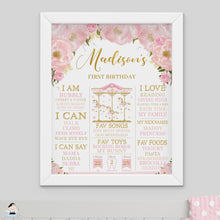 Load image into Gallery viewer, Chic Pink Floral Carousel 1st Birthday Milestone Sign Birth Stats Editable Template - Instant Download - Digital Printable File - CR3