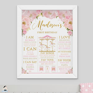 Chic Pink Floral Carousel 1st Birthday Milestone Sign Birth Stats Editable Template - Instant Download - Digital Printable File - CR3