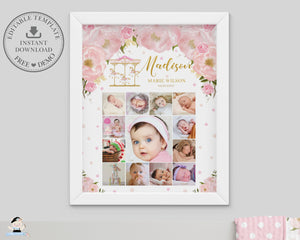 Carousel Pink Floral Baby First Year Photo Collage EDITABLE TEMPLATE - Instant Download - Digital Printable File - CR3