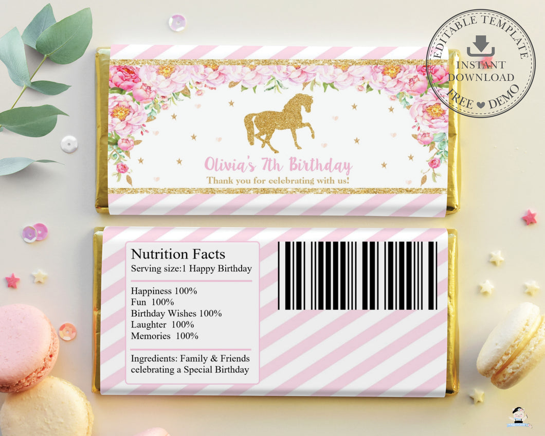 Pink Floral Horse Gold Glitter Chocolate Bar Wrappers for Aldi and Hershey's Chocolate Bars - DIY EDITABLE TEMPLATE Digital Printable File - INSTANT DOWNLOAD - HR1