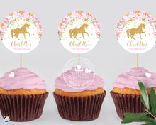 Load image into Gallery viewer, Pink Floral Horse Birthday Baby Shower Circle Round 2.5&quot; Label Tag Editable Template - Instant Download - Digital Printable File - HR1