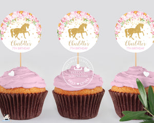 Pink Floral Horse Birthday Baby Shower Circle Round 2.5" Label Tag Editable Template - Instant Download - Digital Printable File - HR1