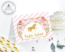 Load image into Gallery viewer, Pink Floral Horse Birthday Party Food Tents Place Cards Editable Template - Instant Download - Digital Printable File - HR1