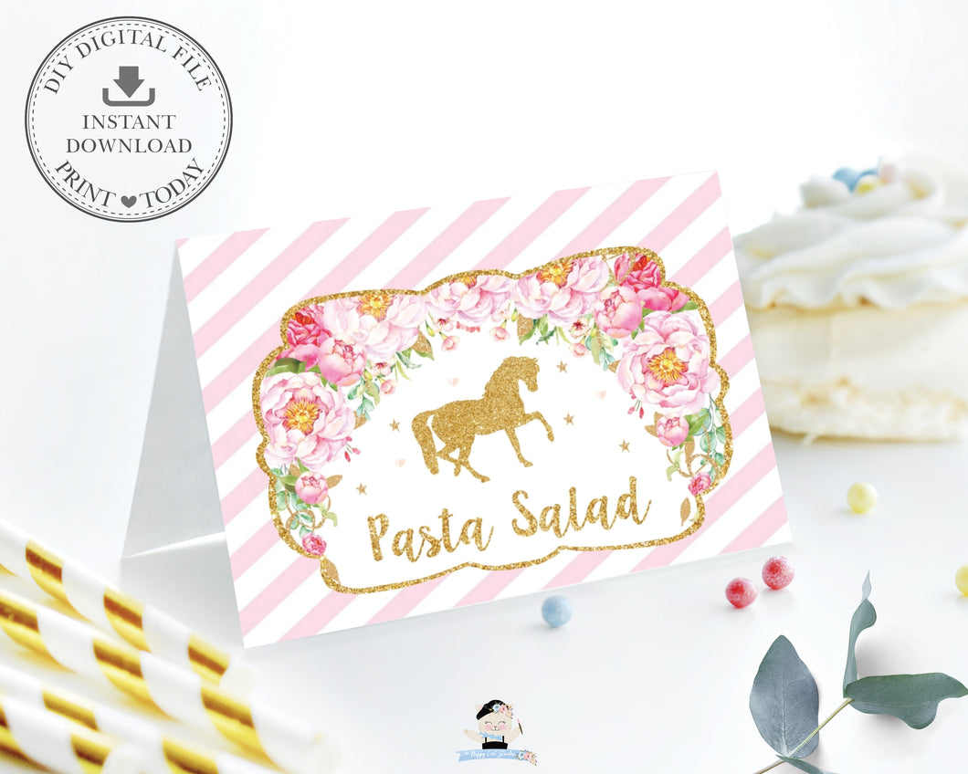 Pink Floral Horse Birthday Party Food Tents Place Cards Editable Template - Instant Download - Digital Printable File - HR1