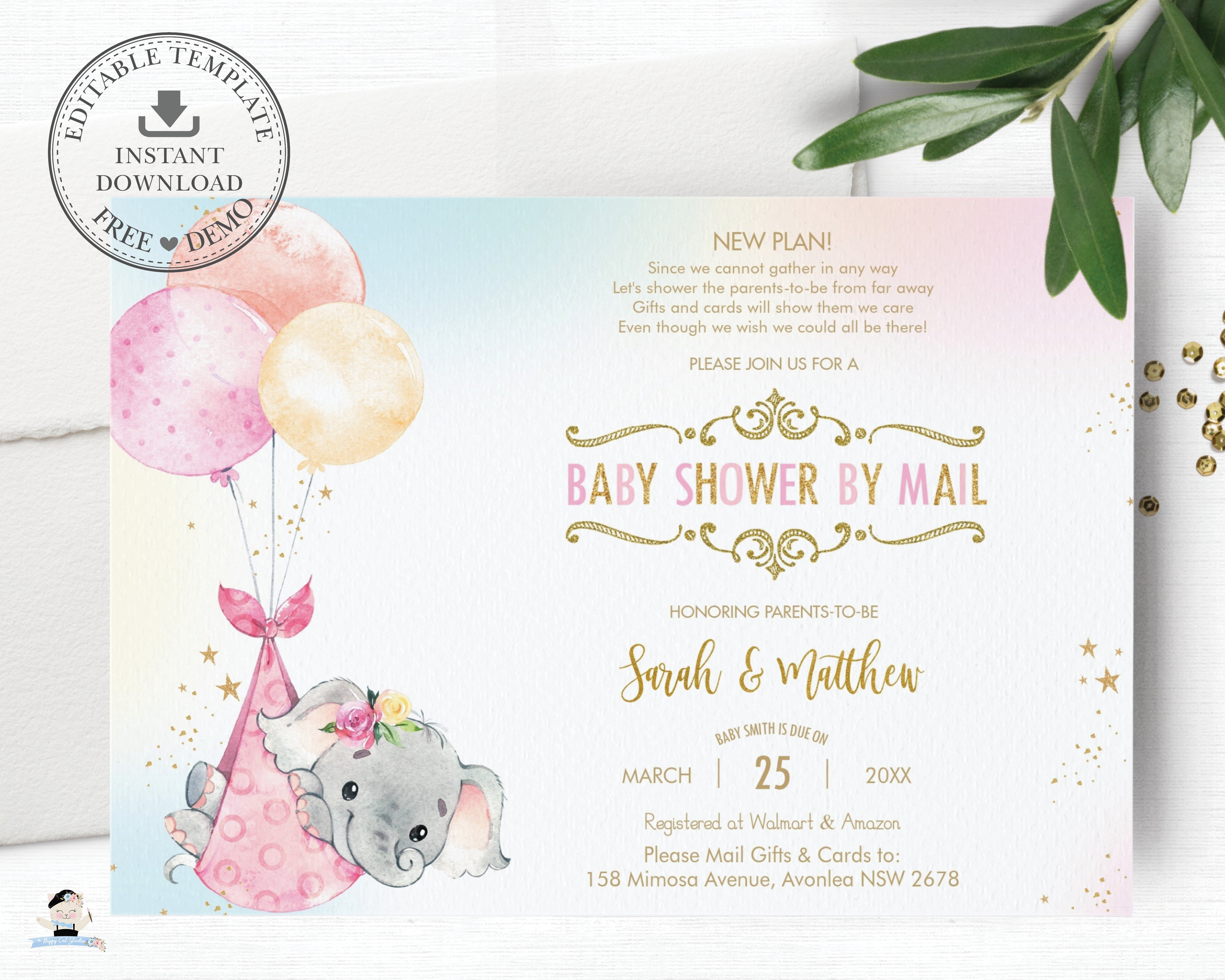 Printable Girl Baby Elephant Shower By Mail Invitation Template Bobotemp