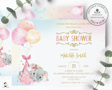 Chic Elephant Balloons Baby Shower Invitation Girl - Editable Template - Instant Download - EP3