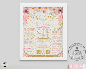 Pink Peach Floral Carousel 1st Birthday Milestone Sign Birth Stats Editable Template - Instant Download - Digital Printable File - CR5
