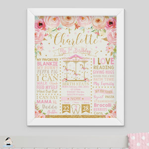 Pink Peach Floral Carousel 1st Birthday Milestone Sign Birth Stats Editable Template - Instant Download - Digital Printable File - CR5
