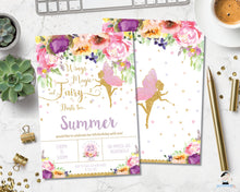 Load image into Gallery viewer, purple watercolor floral glitter gold woodland fairy with pink wings birthday party invitation editable template printable