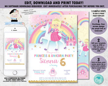 Load image into Gallery viewer, blonde princess sitting on a unicorn birthday party personalized editable invitation template with rainbow background 