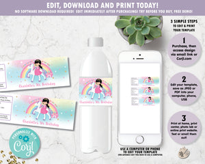 Princess and Unicorn Birthday Party Water Bottle Label Sticker Editable Template - Black Hair -Instant EDITABLE TEMPLATE - PU1