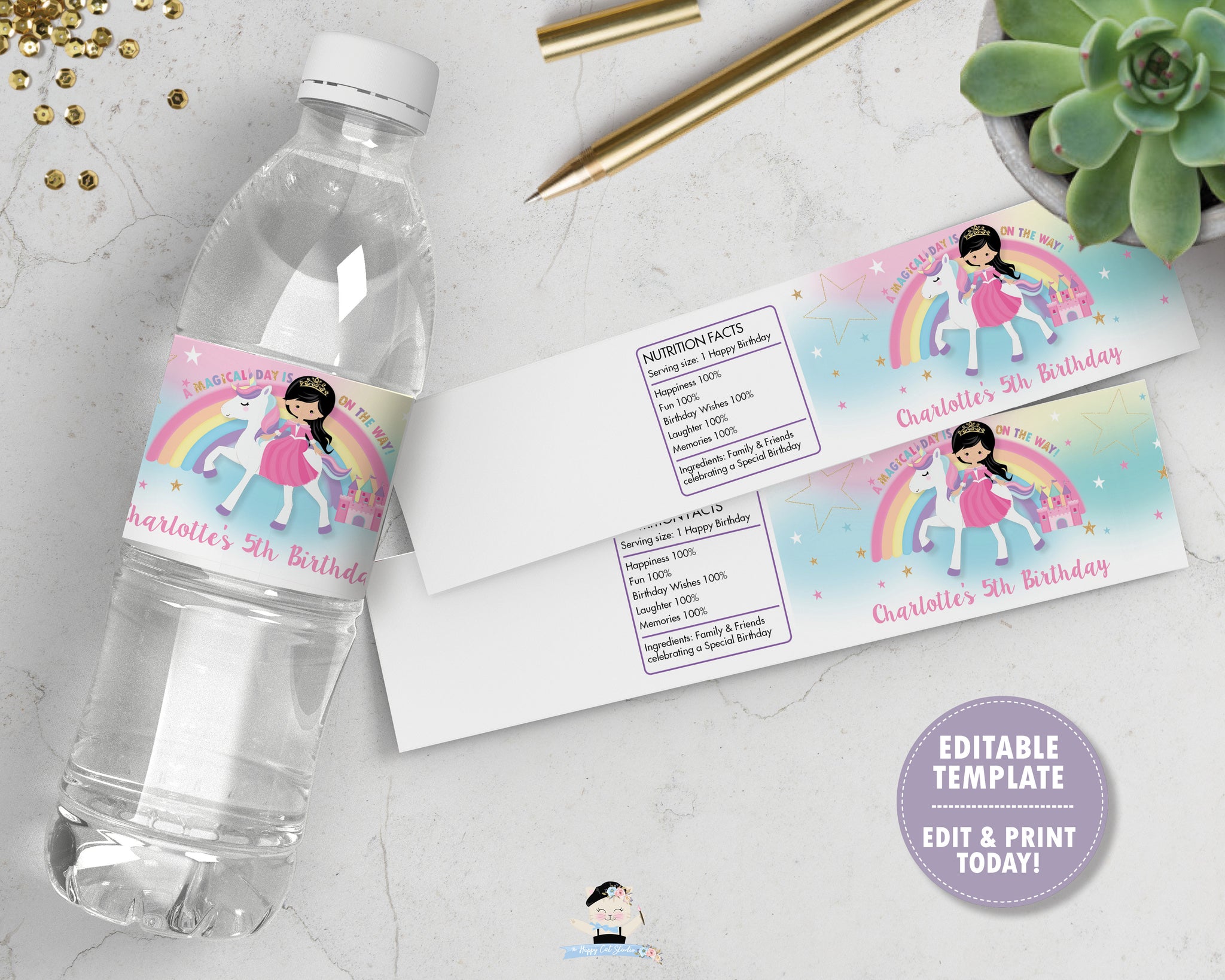 Princess and Unicorn Birthday Party Water Bottle Label Sticker
