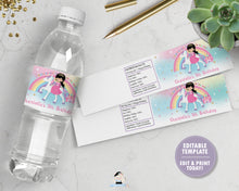 Load image into Gallery viewer, Princess and Unicorn Birthday Party Water Bottle Label Sticker Editable Template - Black Hair -Instant EDITABLE TEMPLATE - PU1