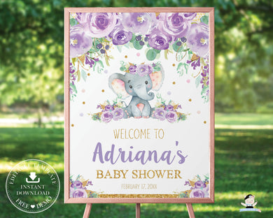 Elephant Purple Floral Welcome Sign Baby Shower Birthday - Editable Template - Digital Printable File - Instant Download - EP9