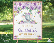Load image into Gallery viewer, Elephant Purple Floral Welcome Sign Baby Shower Birthday - Editable Template - Digital Printable File - Instant Download - EP9