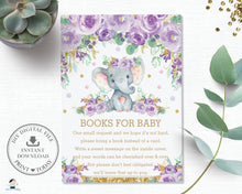 Load image into Gallery viewer, Purple Floral Elephant Baby Shower Bring a Book Instead of a Card Inserts - Instant Download - EP9